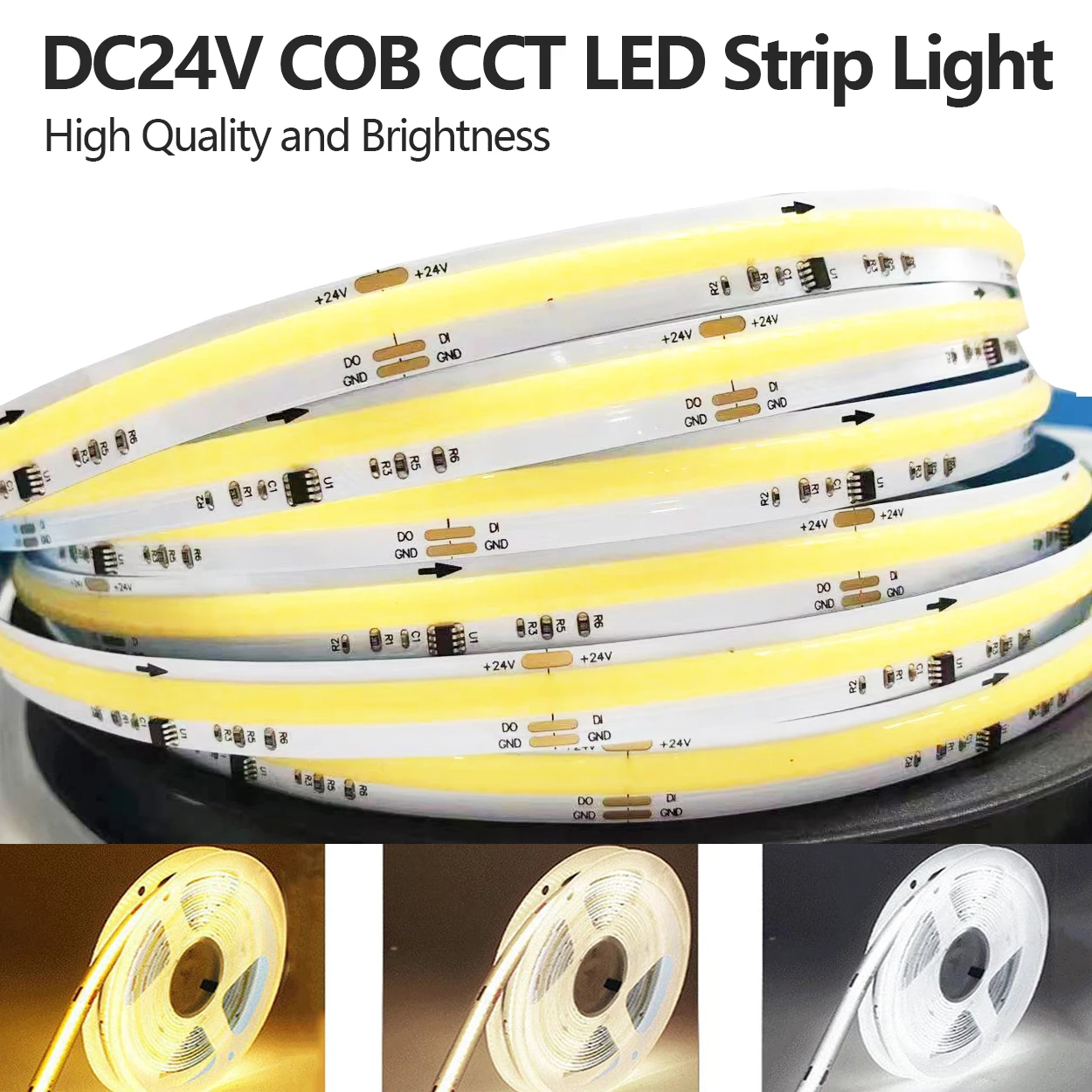 

Светодиодная лента DC24V COB CCT, фотовспышка с высокой яркостью, вращающаяся рукоятка, диаметром 10 мм, 576 светодиодов/м, монолитный блок светодиодов для шкафа