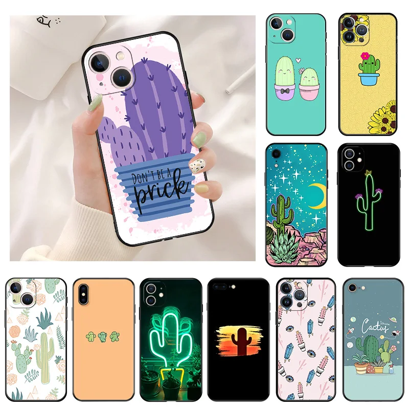 

Lovely Cactus Cartoon Soft Phone Cases For Apple iPhone 13 Pro Max 14 12 11 Mini SE 7 8 6 6s Plus XS X XR Black Matte Cover