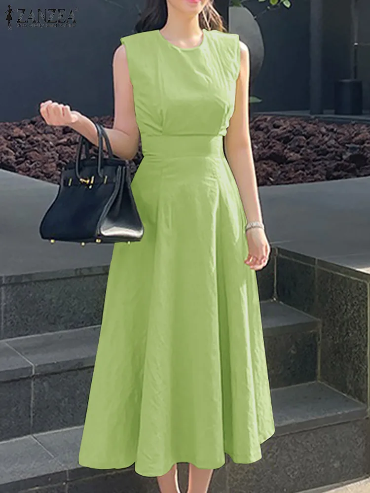 

ZANZEA Women Mid-calf Sundress Summer Elegant Sleeveless Cotton Dress Stylish Casual High Waist A-line Kaftan Vestido Robe Femme