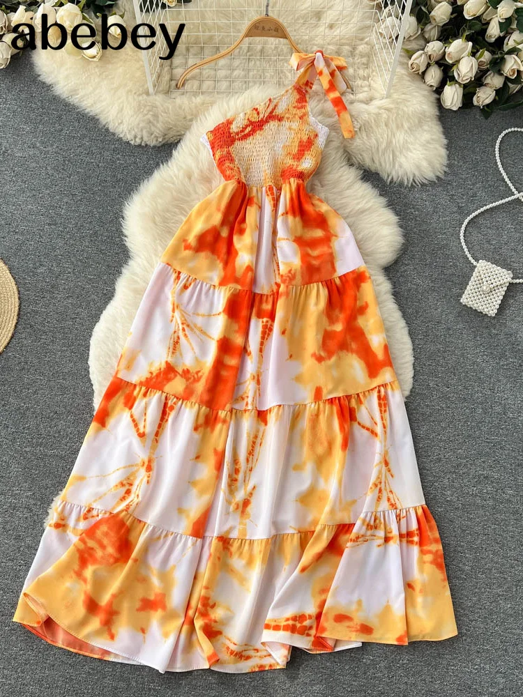 

Женское длинное платье на бретелях-спагетти, привлекательное пляжное платье-трапеция с принтом на завязках и открытой спиной, лето 2022