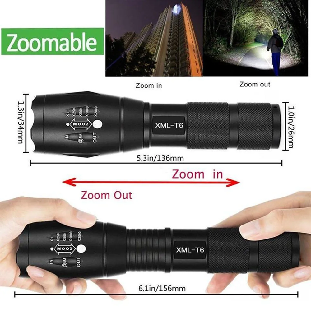 Фонарик XML-T6 LED Фонарик тактический, водонепроницаемый, перезаряжаемый, использующий аккумулятор 18650 для кемпинга.