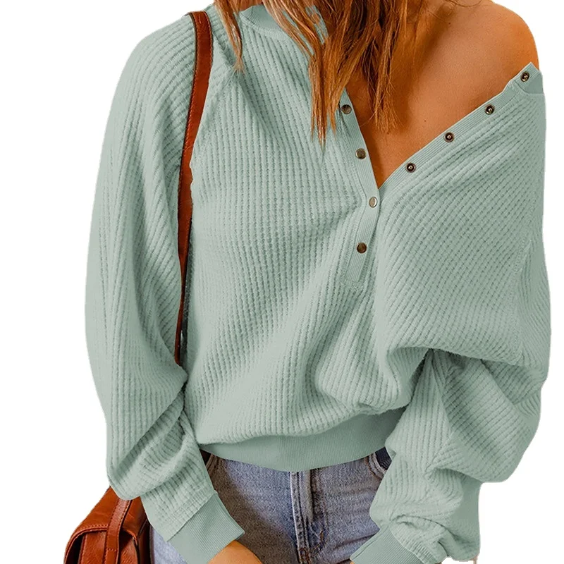 

Women Fashion Casual Sweater Button Pullover Long Sleeve Autumn Sweater Top Loose Street Sweater
