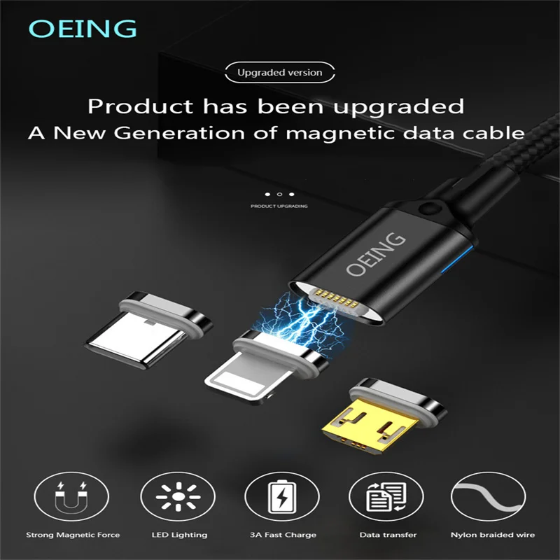 

OEING 3A Magnetic USB Charging Cable USB C Phone Cable For iPhone 12 Pro Max Huawei Xiaomi Samsung Phone Charger Micro USB Cable