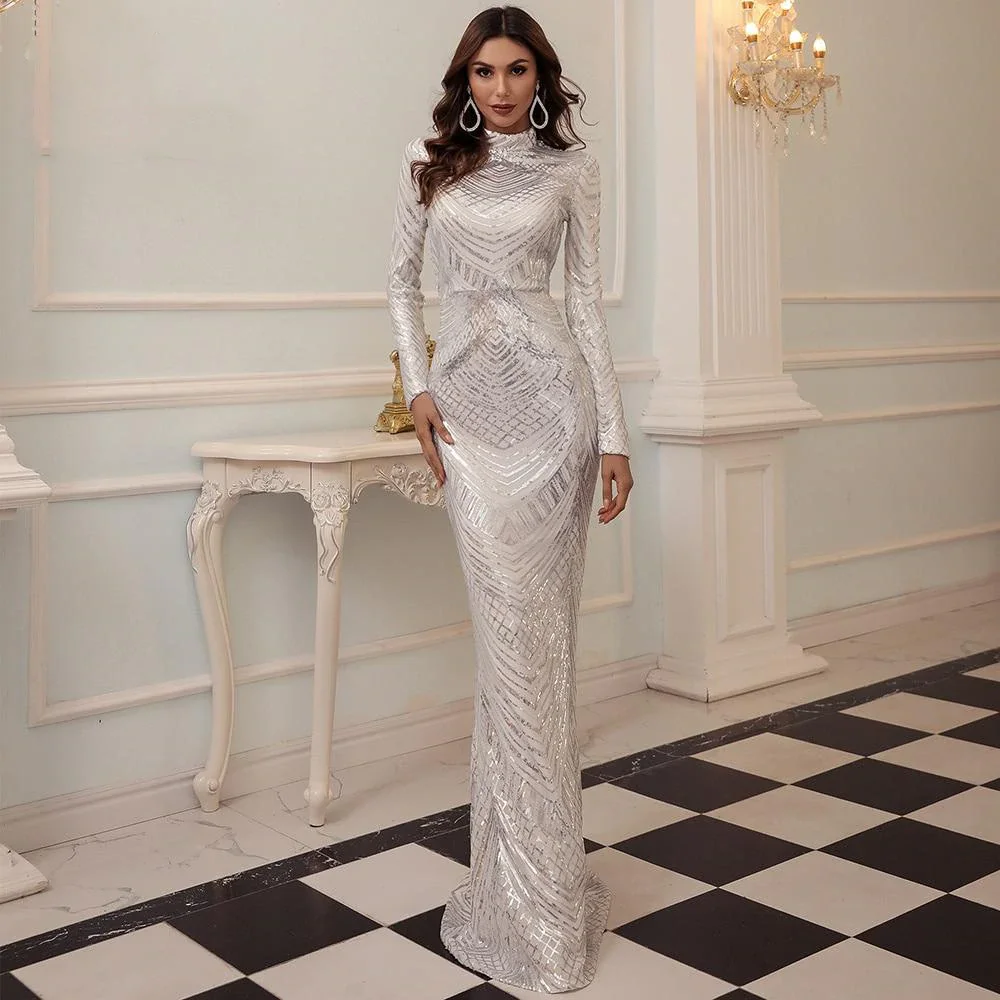 

Elegant High Neck Sequin Dress Long Sleeve Maxi Bodycon Dress Female Evening Party Dress