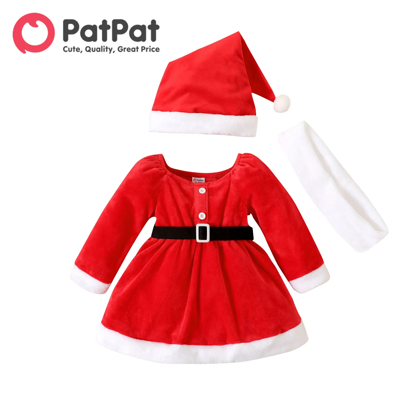 

PatPat Christmas 3pcs Baby Girl Red Fleece Square Neck Long-sleeve Belted Dress and Fuzzy Scarf & Hat Set