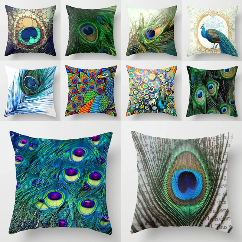 

Green Peacock Feather Pillow Case Bird Flowers Peach Skin Velvet Throw Pillow Cover 45X45 50X50 Sofa Home Car Decor Pillowcase