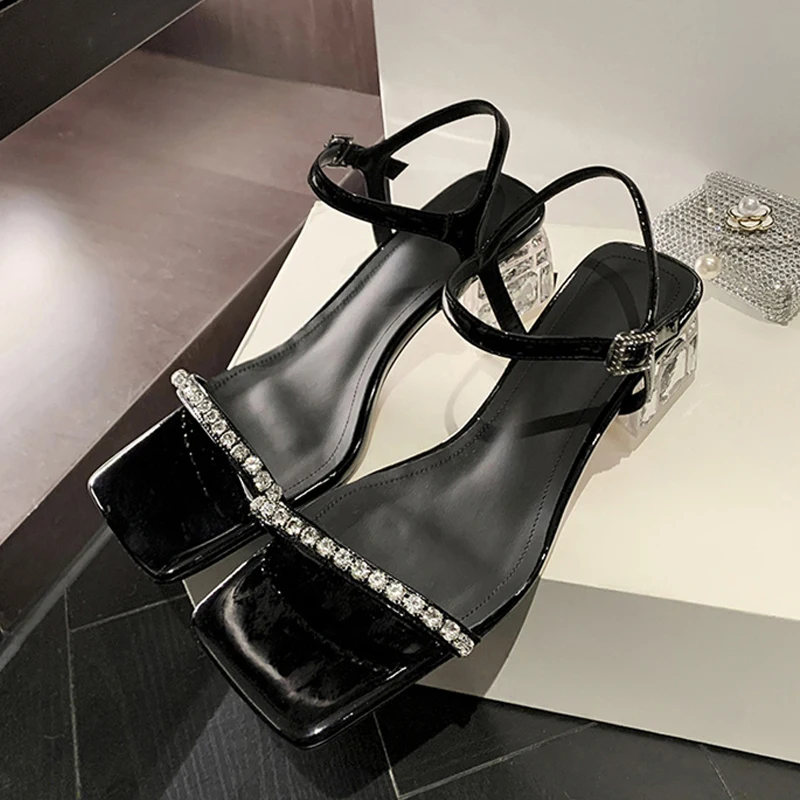 Luxury Crystal Sandals Women Rhinestone Ankle Strap Mid Heeled Sandalias Ladies Summer Evening Party Shoes in Black Silver Color