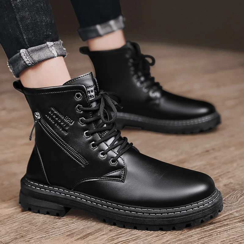 Красивые осенне-зимние новые кожаные ботинки с высокой шнуровкой черныеклассические осенне-зимние ботинки мужские увеличивающие британские мужскиеботинки Прочные ботинки для парней