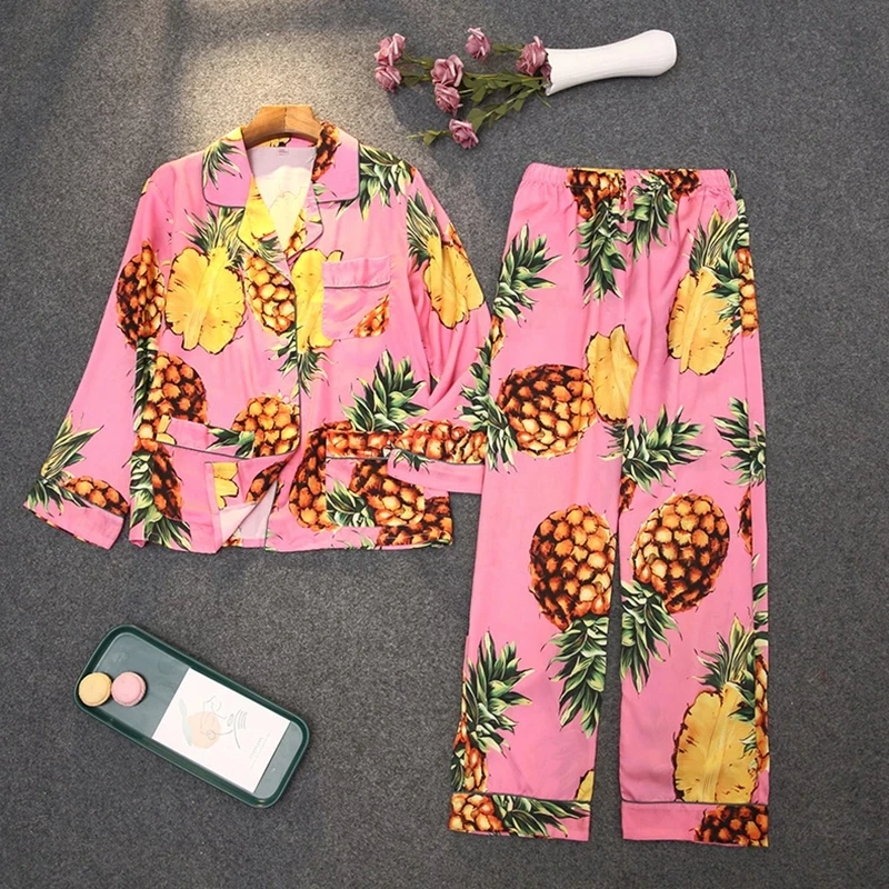 Silk Women's Pajama Set Summer Spring Autumn Long Sleeve Ladies 2 Pcs Pijama Suit with Pant Pineapple Print Sleepwear for Female