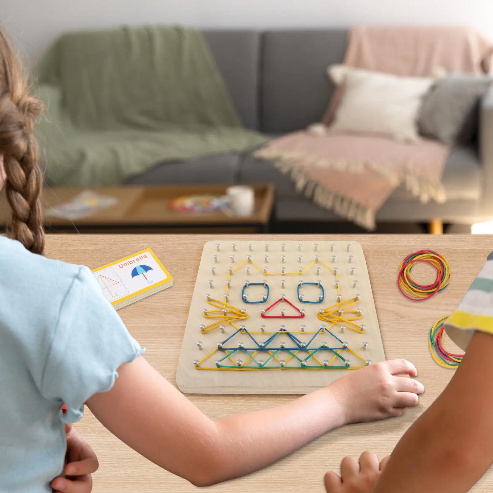 Wood Geoboard Set Shape Puzzle Matrix Montessori Toys and 50 Rubber Bands W/ 4 Marker Pens for Toddlers 3 4 5 Year Old Kids