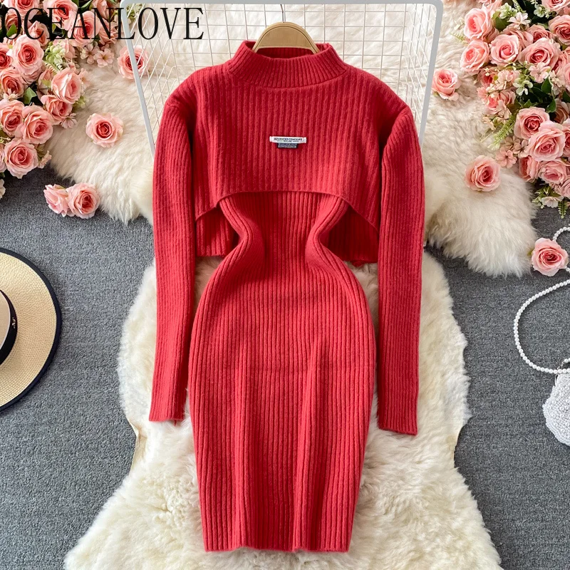 

Женское трикотажное платье из двух предметов, однотонное облегающее платье стрейч в Корейском стиле, Осень-зима 2022