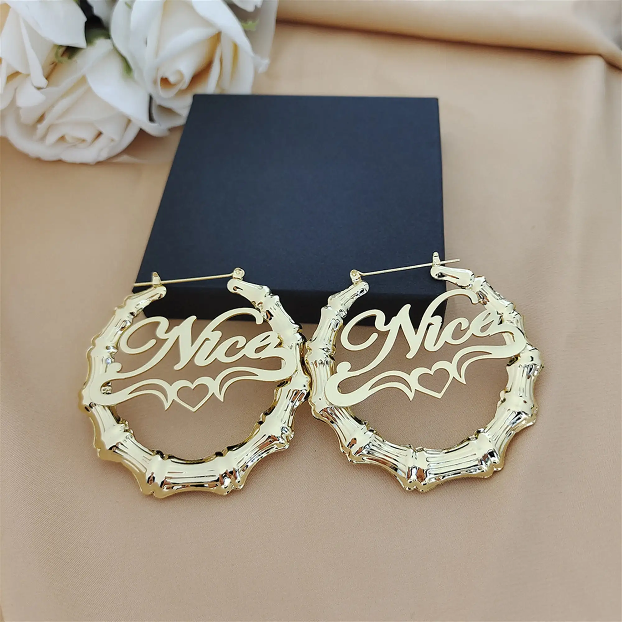 

30mm-100mm Custom Bamboo Hoop Earrings Personalized Gold Stainless Steel Name Earring Nameplate Drop Hiphop Sexy Gift for her