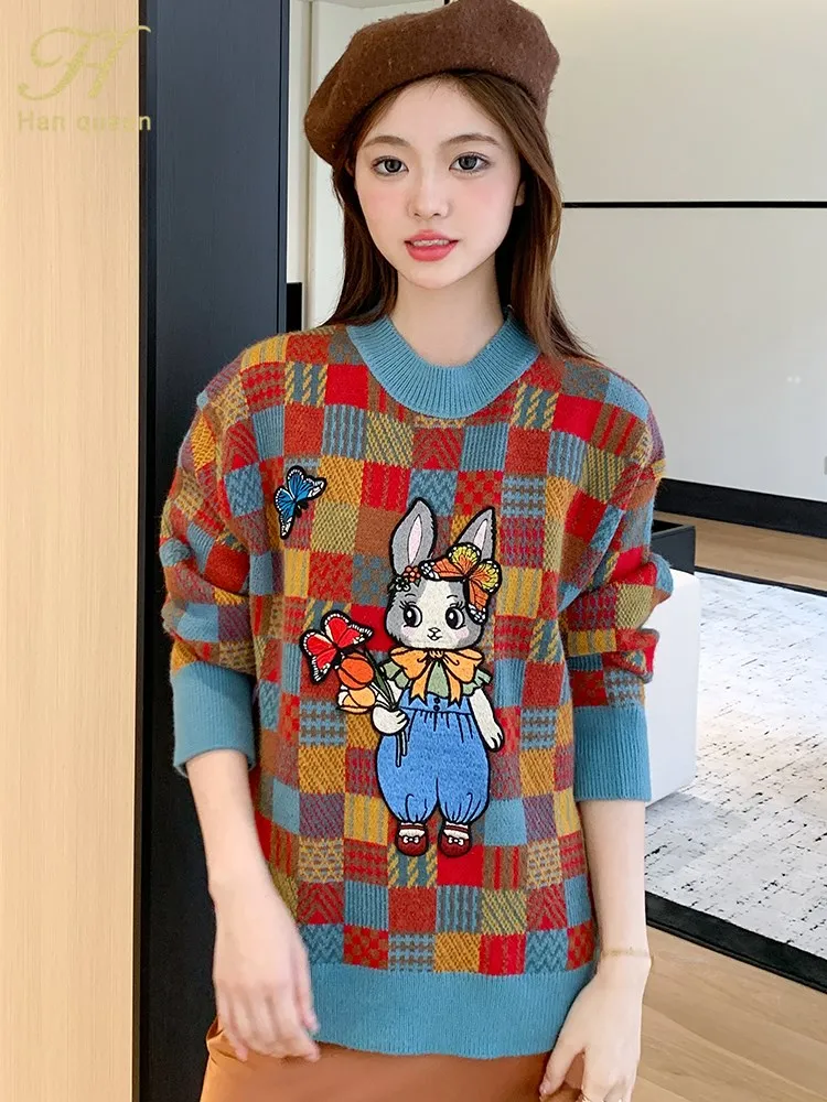 

H Han Queen 2023 Autumn Winter Tops Korean Loose Pullovers Sweaters Chic O-Neck Knitted Bottoming Plaid Beaded Sweater Women's