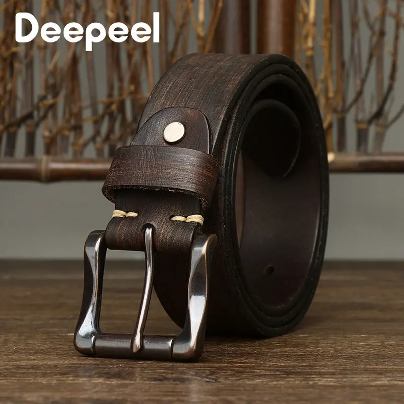 Deepeel 3.8cm Wide Vintage Men's Genuine Leather Belt Metal Pin Buckle Top Layer Pure Cow  Waistband for Jeans Trousers