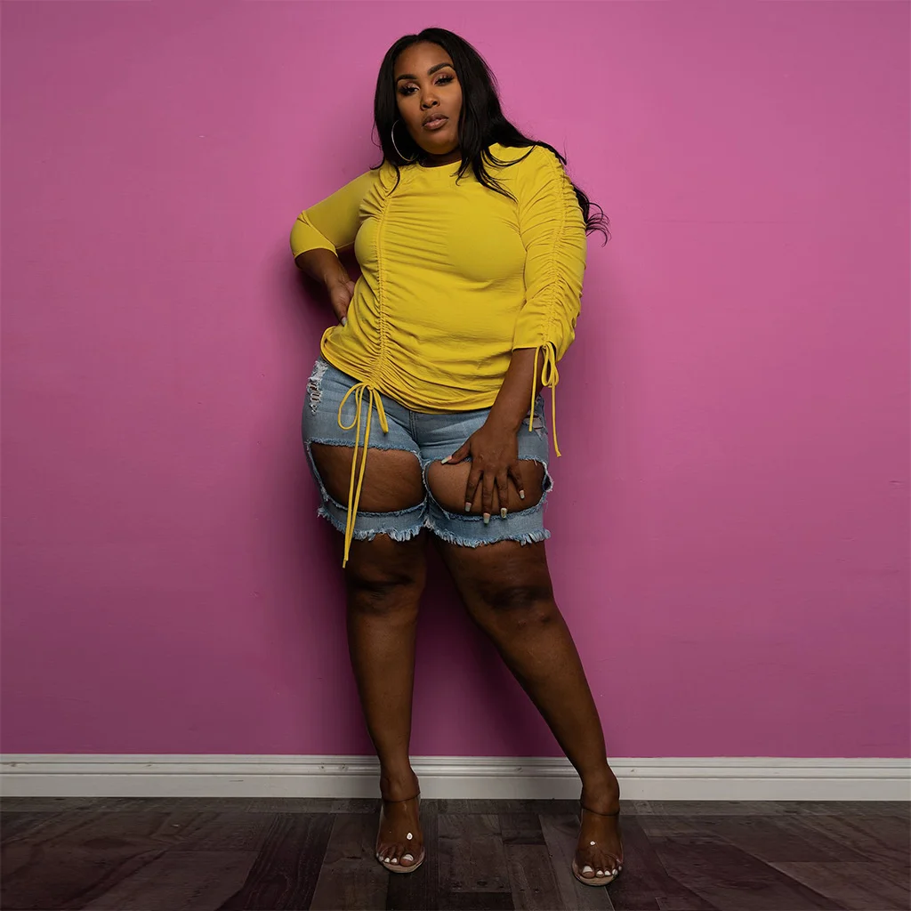 Plus Size Pleated Tops Women Clothing Office Ladies Fall Long Sleeve Blouse Shirt Crew Neck Casual Large Street Tops