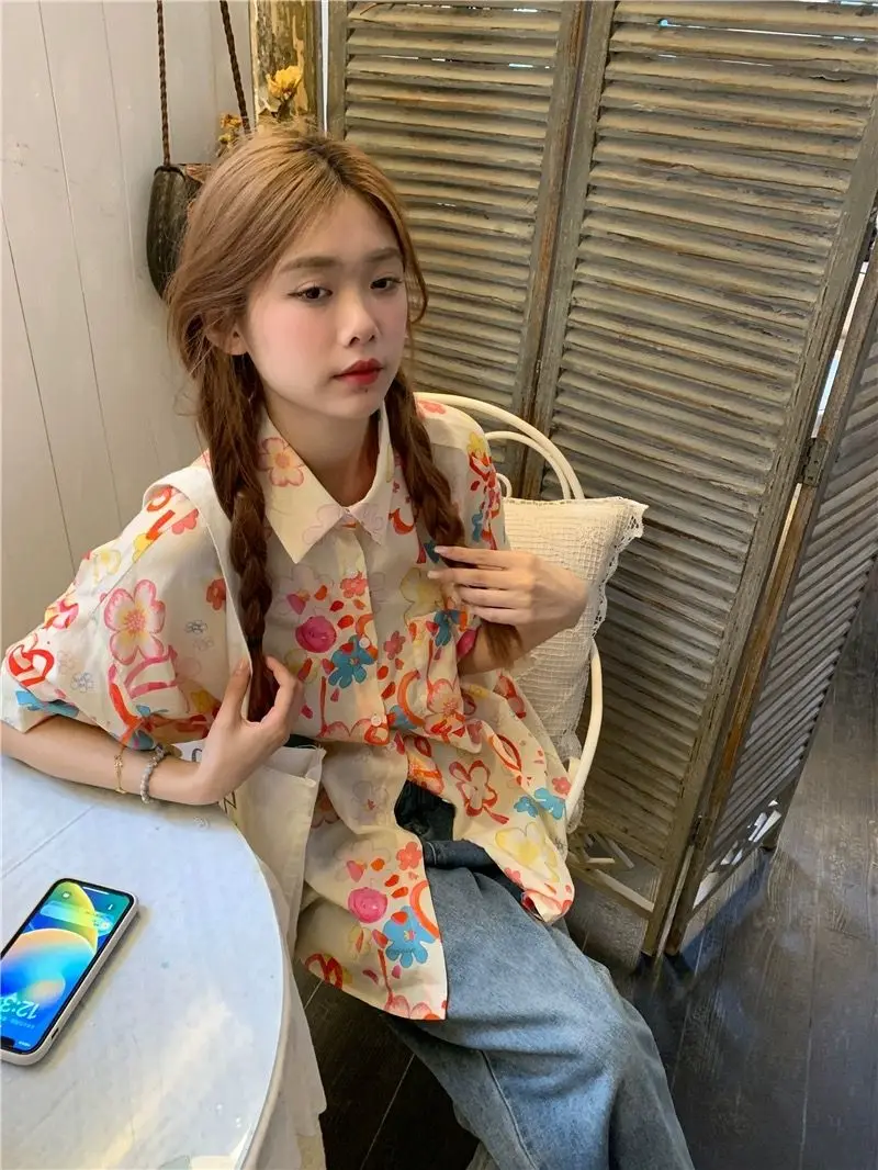 Harajuku модные рубашки с цветочным принтом Fairycode свободная рубашка большого размера