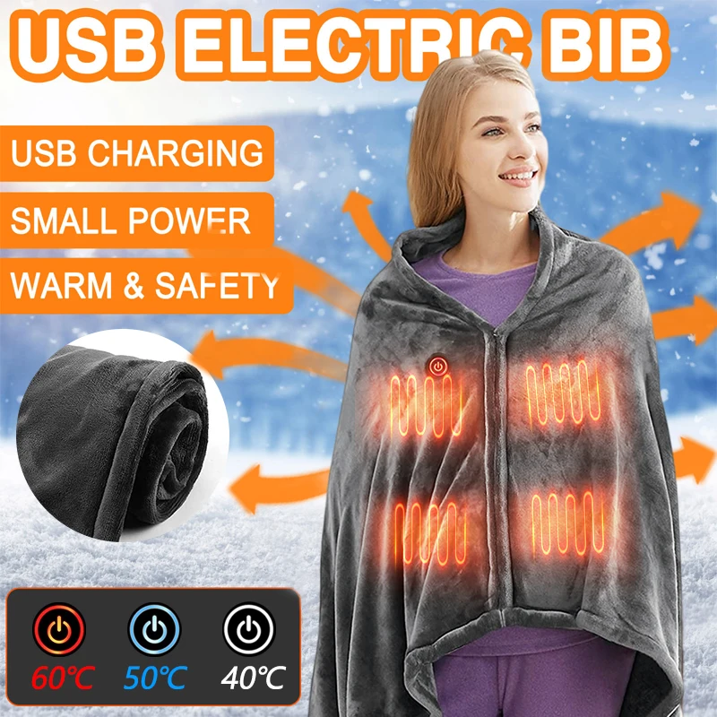 USB Electric Heating Blanket Heated Warm Shawl 3 Gear Adjust Flannel Throw Blanket Winter Heats Up Quickly Heated Cape Pad