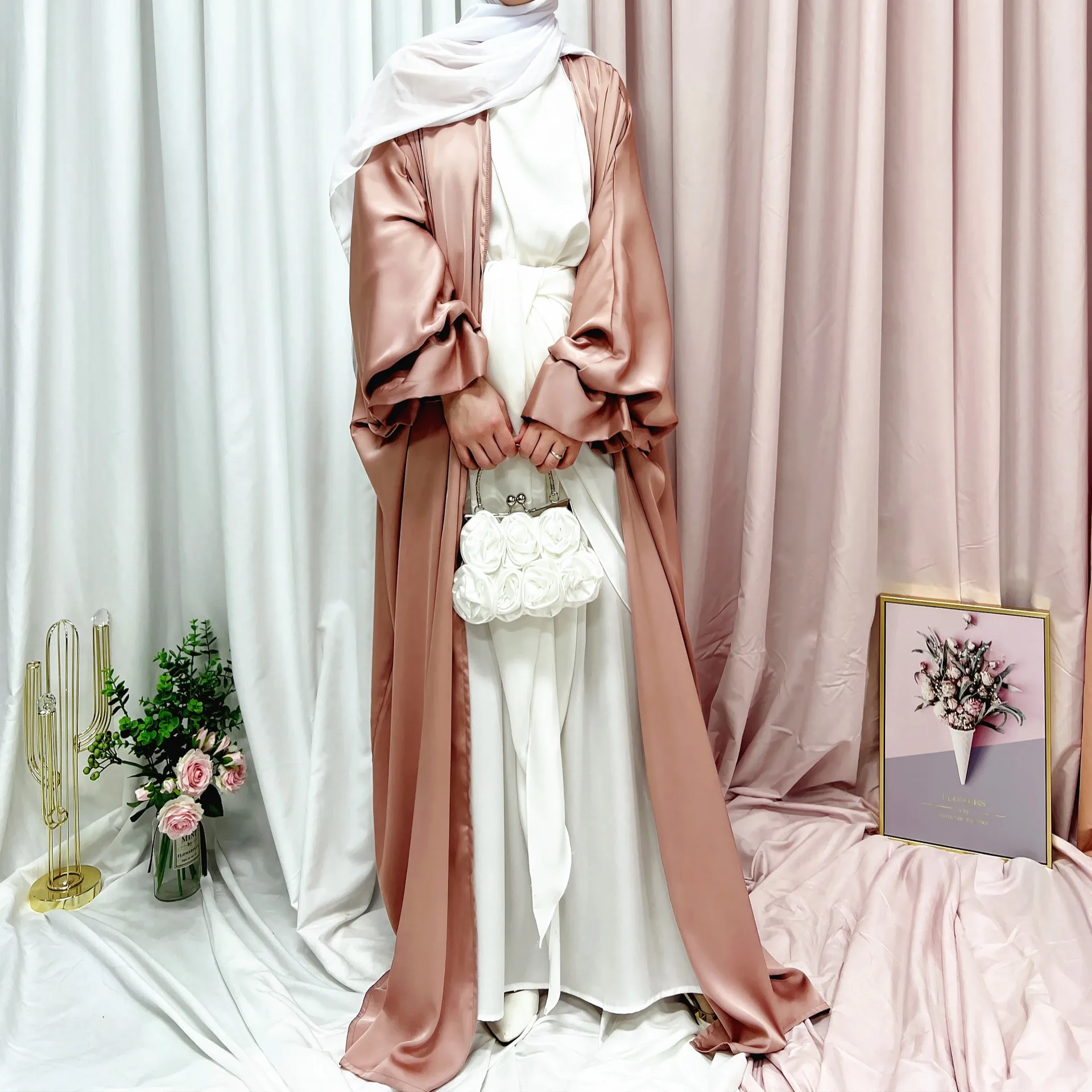Muslim Women Open Abaya Luxury Robe Puff Sleeve Ramadan Dress Kimono Clothes Turkey Iran Dubai Ramadan Islamic Turkish Girl Wear