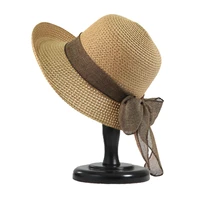 fashion summer ladies sun hats round top outdoor holiday beach bucket cap bow ribbon hollow out foldable straw hat for women