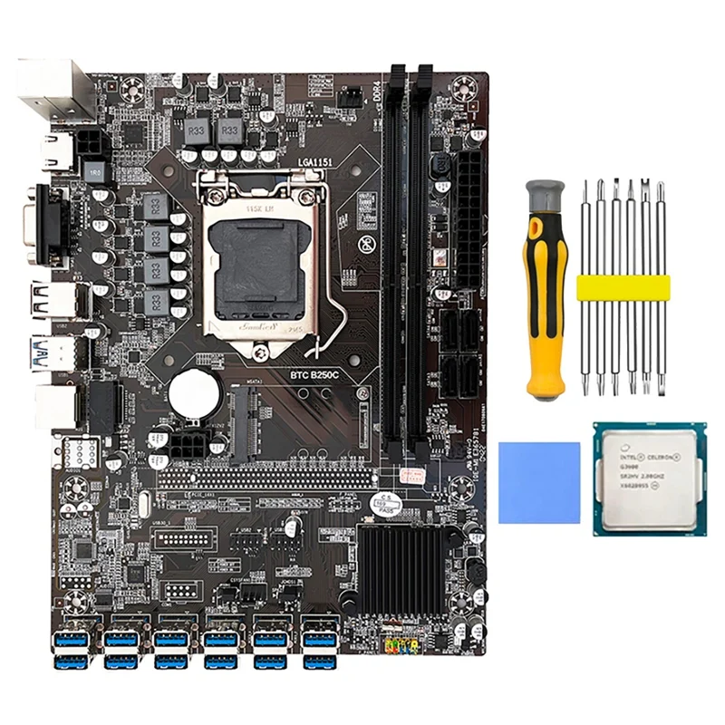 B250C BTC Mining Motherboard With G3900 CPU+Thermal Pad+Screwdriver Set 12 USB3.0 Slots LGA1151 DDR4 RAM SATA3.0+MSATA