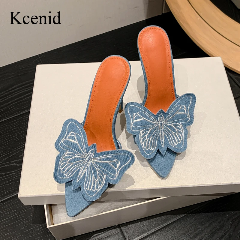 

Kcenid Sandals Women 2024 Elegant Denim Sexy Summer Mules Big Butterfly-knot Open Toe Slippers Woman Pointed Toe High Heel Shoes