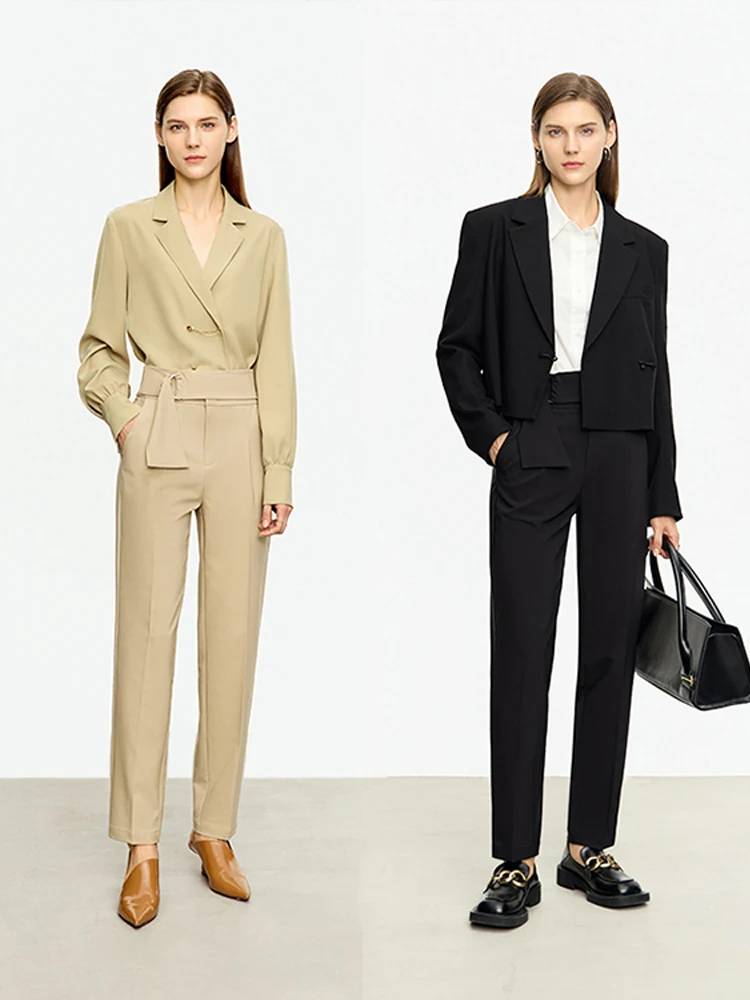 

AMII Minimalist 2023 Autumn Pants for Women New Commuter All-match Elastic Asymmetrical Belt Casual Smoke Pipe Trousers 12323038