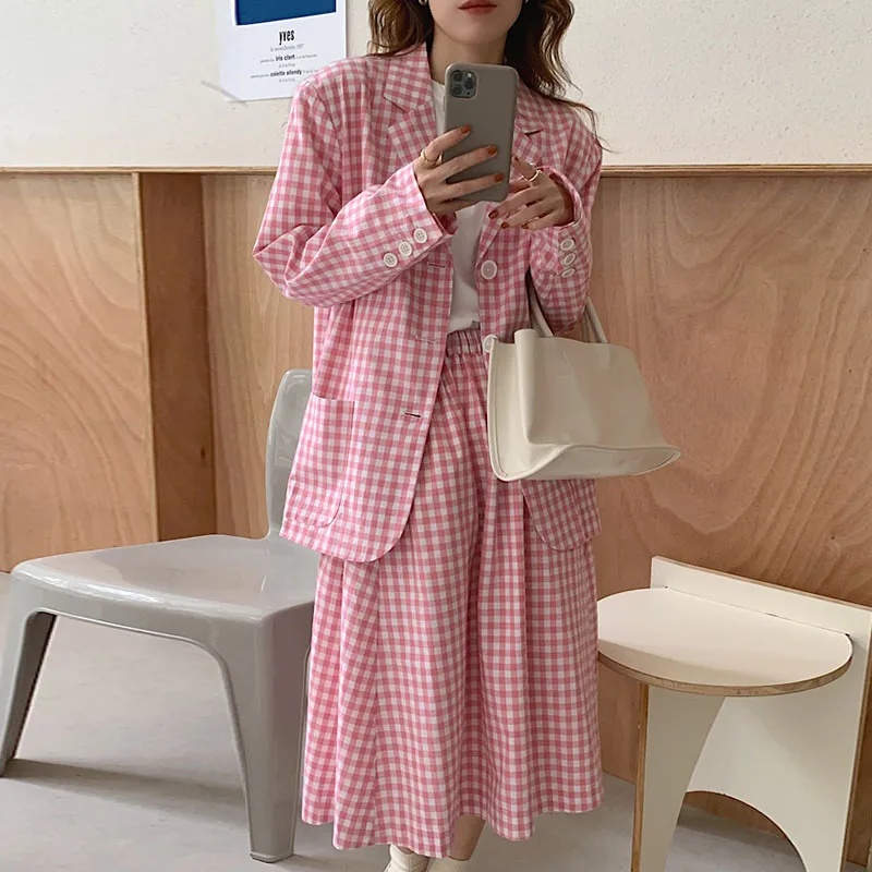 2021 Korean Chic Plaid Jacket Women Fashion Geometric Casual Elegant Office Ladies Long Sleeve Loose OL Lapel Blazers Sweet Pink