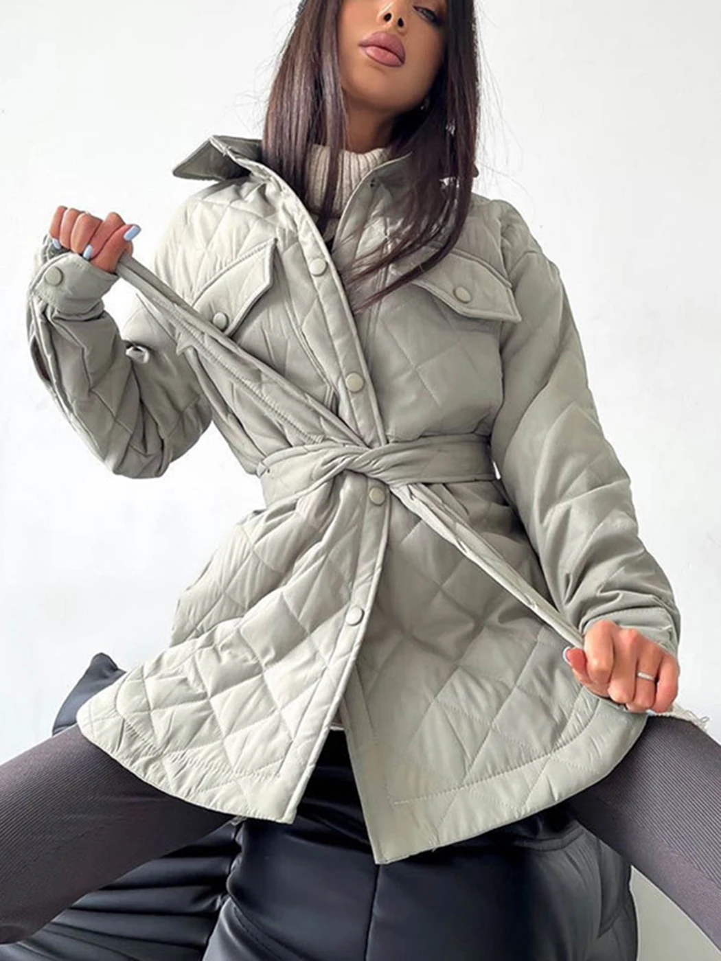 

Loose Warm Coats Parkas Women Autumn Winter Casual Solid Color Waist Lace-up Single Breasted Cotton Clothes Female Jacket