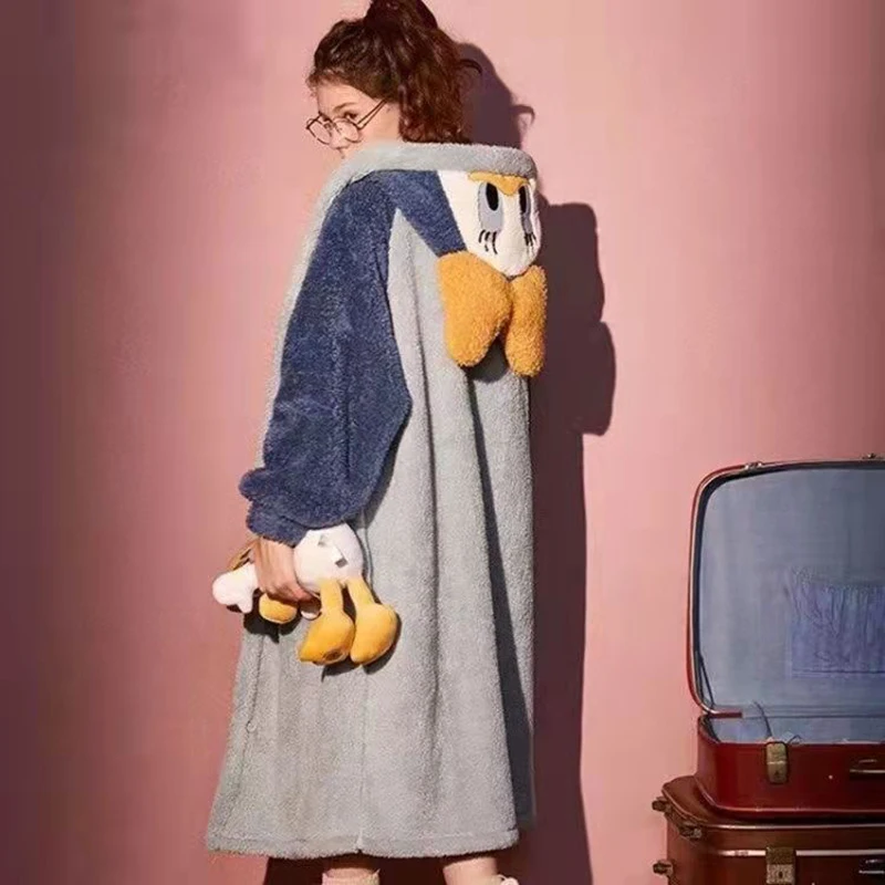 Women Nightgowns Winter Flannel Sweet Sleepwear Hooded Sleepshirts Female Warm Cute Soft Homewear Robe Casual Loose Cozy Pajamas