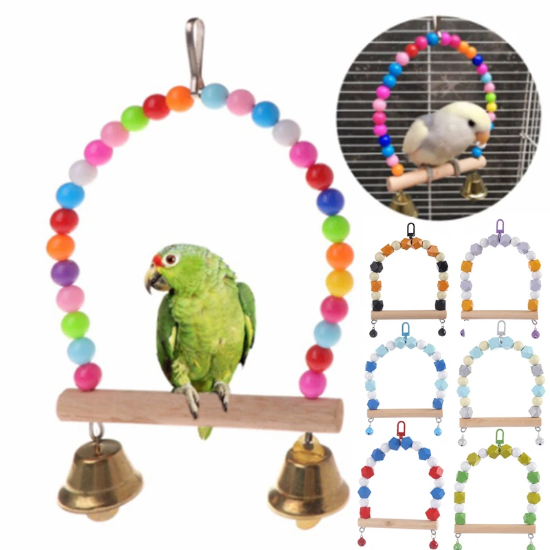 

1PC Natural Wooden Parrots Swing Toy Birds Colorful Beads Bird Supplies Bells Toys Perch Hanging Swings Cage for Pets