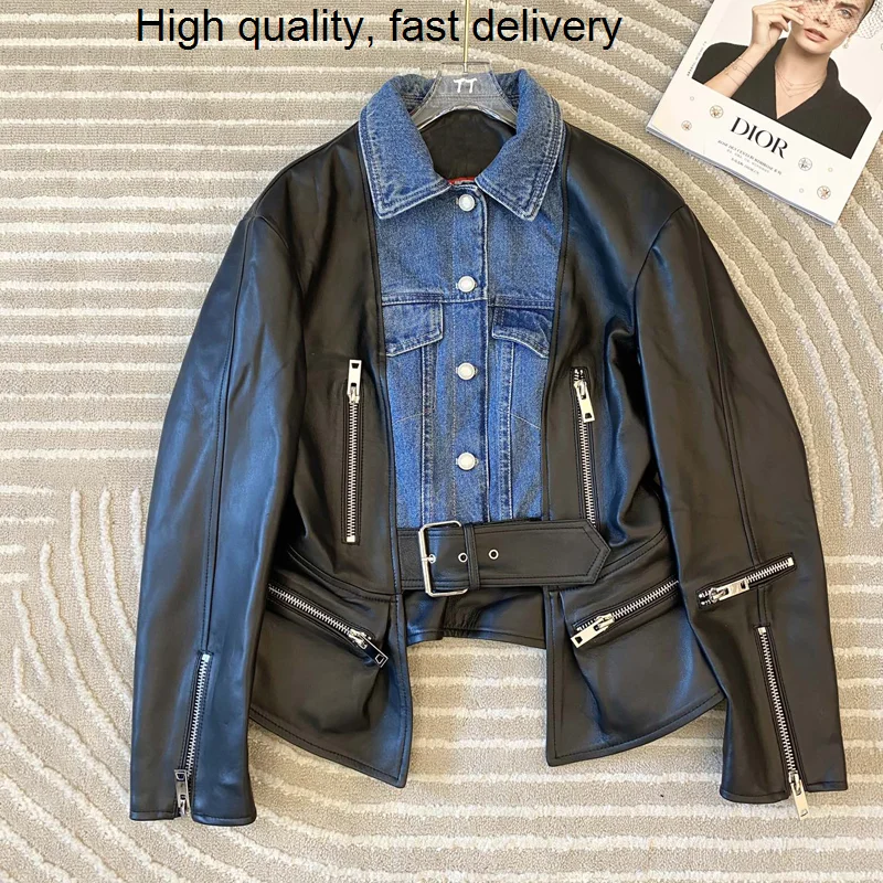 

Spring Women's Coat 2023 New Arrival Short Length Clothes Genuine Leather Jacket Spliced Denim Atmosphere Overcoat