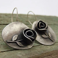 asymmetric ancient silver color leaf metal rose flower drop earrings for women jewelry ethnic engraved statement earring gift