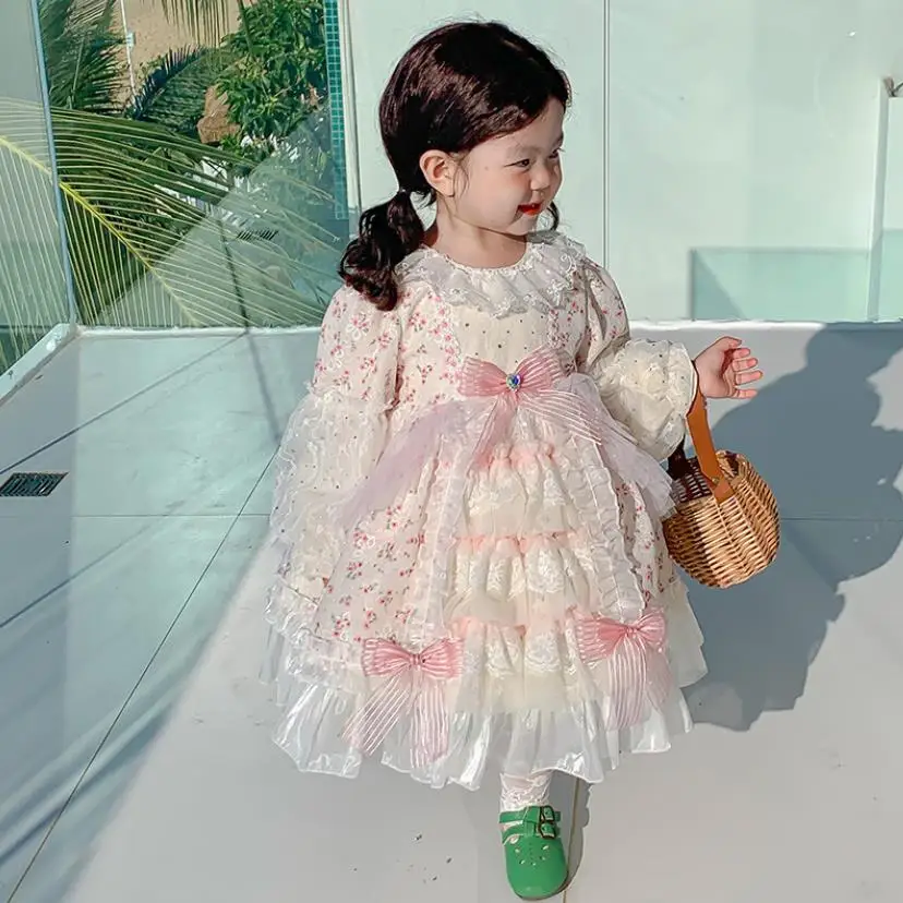 

Baby Clothing Spanish Vintage Lolita Princess Ball Gown Bow Lace Mesh Stitching Birthday Party Eid Dresses For Girls A2344