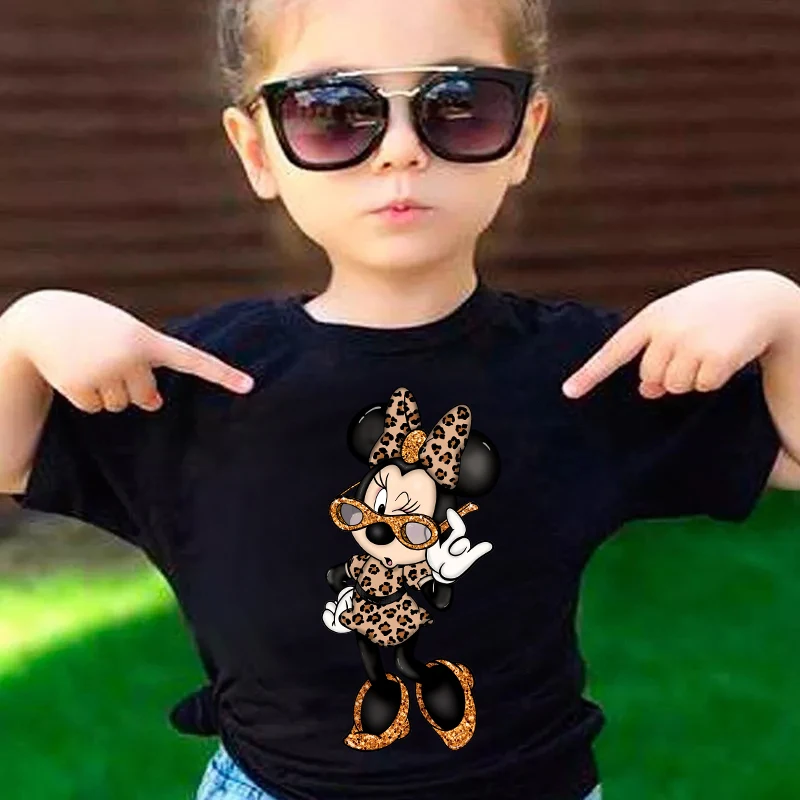 

Модная черная футболка унисекс с леопардовой мышью, летние топы с короткими рукавами, повседневные милые футболки с героями мультфильмов, одежда для девочек