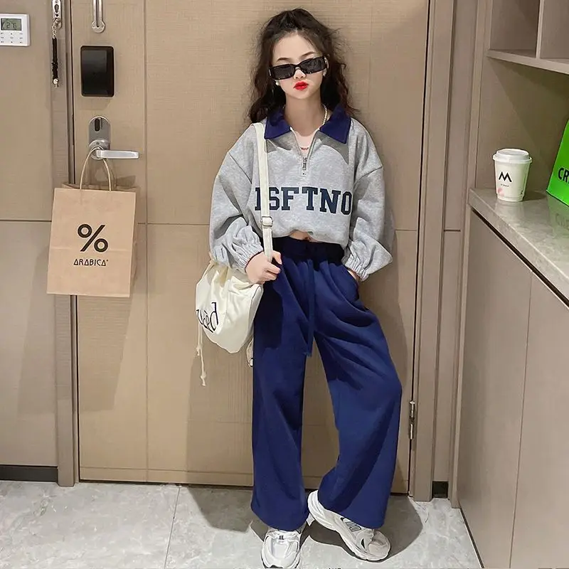 

Комплект для девочек на весну и осень, Детская толстовка с воротником-поло + штаны, спортивная одежда из 2 предметов, детская повседневная од...