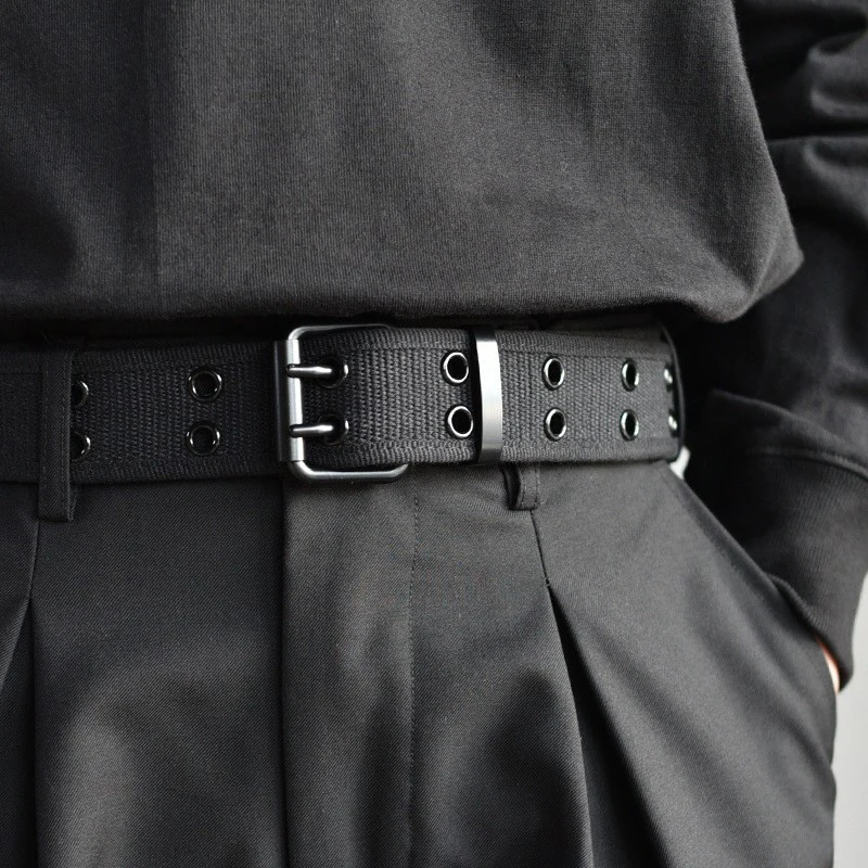 

British Style Men Nylon Weaving Belt With Hole Male Waist Belt For Suit Pants Jeans Trousers Alloy Double Pin Buckle Waistband