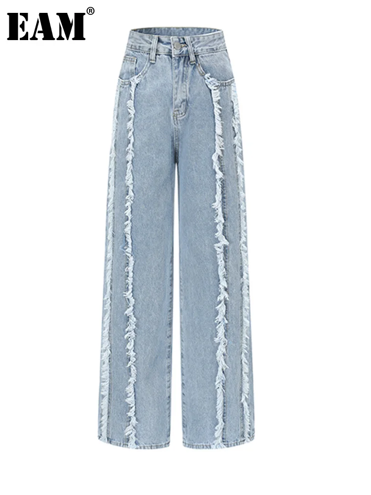 

[EAM] High Waist Blue Burrs High Street Long Wide Leg Jeans New Loose Women Trousers Fashion Tide Spring Autumn 2022 1DE7583