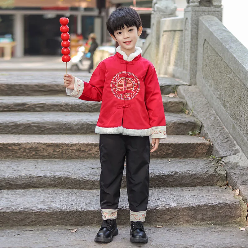 Winter Girls New Year Dress chinese Lovely Embroidery Kids Tang Suit Boys Thick And Quilted Cotton Perform Costumes |