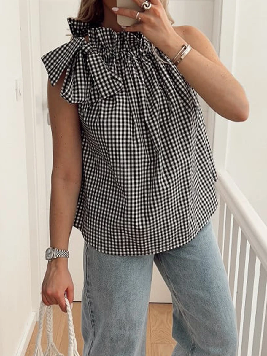 Женская майка с лямкой на шее Y2k топ ложным воротником в клетку Повседневная