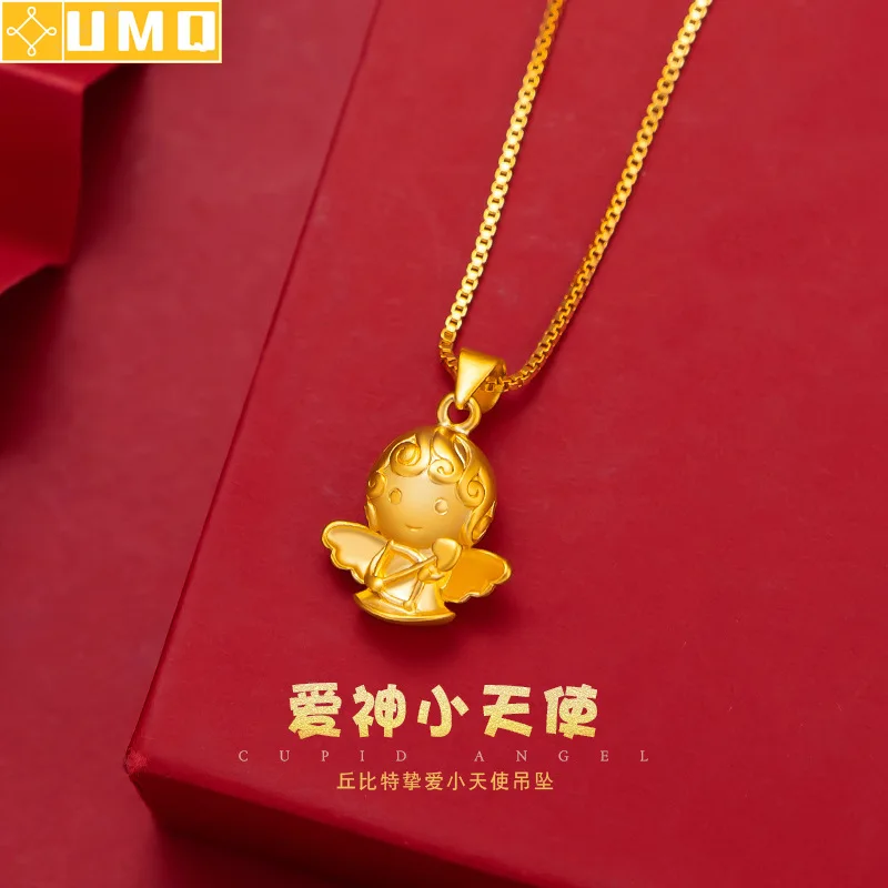 

Solid 14k Yellow Gold Necklace Pendant Women Charm Angel Pendant Chain Luxury Jewelry for Women Christmas Real Gold Necklace