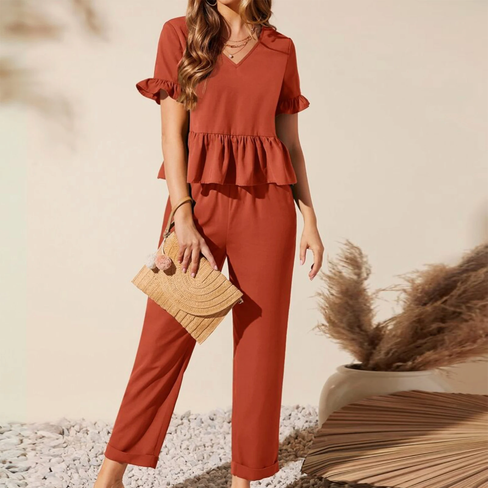 

Ladies Short Sleeve Top Pants Flounce Sleeve Women 2 Piece Straight Pants Set with Pockets Solid Color Casual Summer Outfits