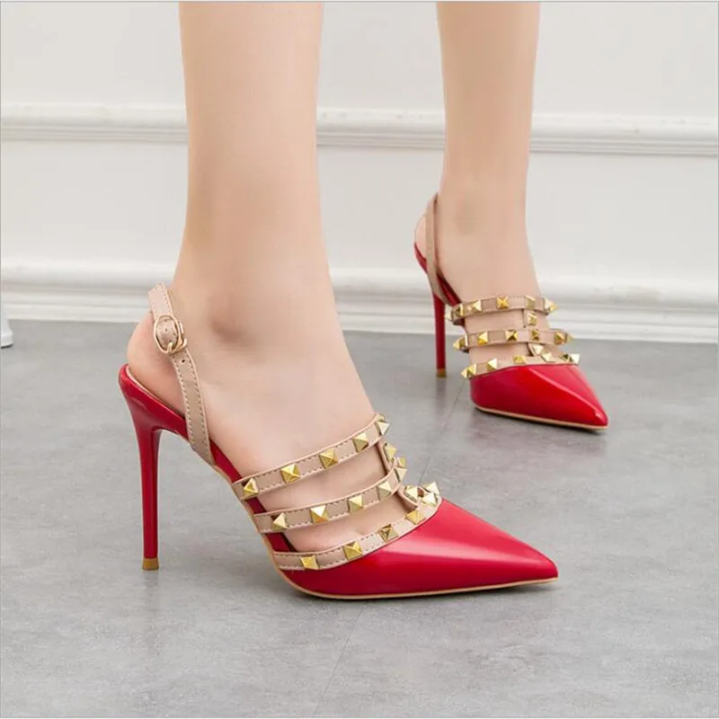 

2022 New 10CM PUMPS Sexy pointed Roman high heels nightclub was thin rivets female sandals stiletto back empty women's shoes