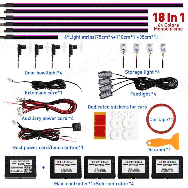 

22 в 1, 18 в 1, 64 цвета, RGB, симфония, автомобильная атмосфера, интерьер, светодиодный акриловый направляющий, оптоволоконный, универсальное украшение, окружающее освещение
