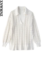 xnwmnz 2022 women fashion jacquard mesh polo shirt collar knit retro long sleeve side slit female chic top