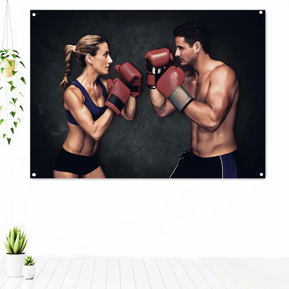 

Couple Boxer Pose Boxing Tapestry Workout Inspirational Poster Wall Art Vintage Decorative Banner Banner Flag Gym Wall Decor