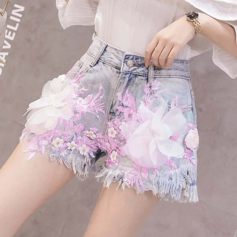 Summer Women Fashion Trend Short Jeans High Waist Wide Leg Heavy Industry Flowers Female Denim Shorts Hole Casual Cowboy Shorts