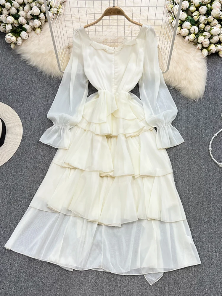 

Fitaylor Summer New Women Fashion Square Neck High Waist Slim A-Line Dress Elegant Casual Fold Long Sleeve Dresses