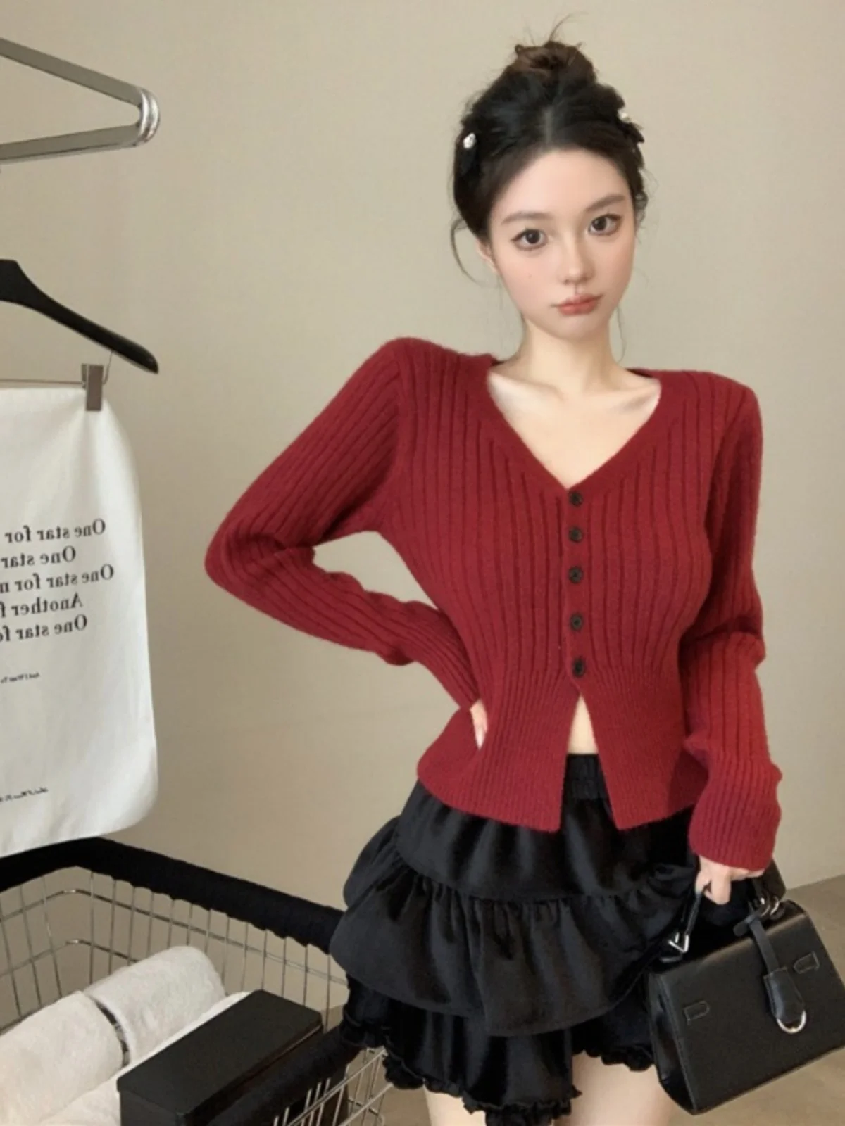 Ангора красный вязаный женский осенний новый облегающий топ с v-образным вырезом