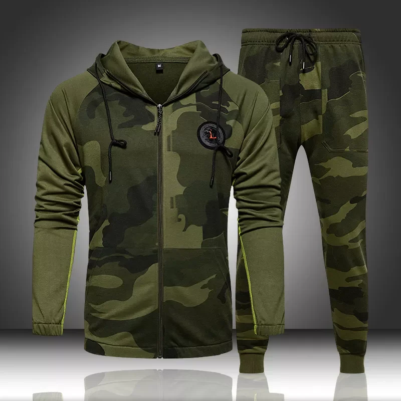

Camo Men Tracksuit Hooded Outerwear Hoodie Set 2 Pieces Autumn Sporting Male Fitness Camouflage Sweatshirts Jacket + Pants Sets