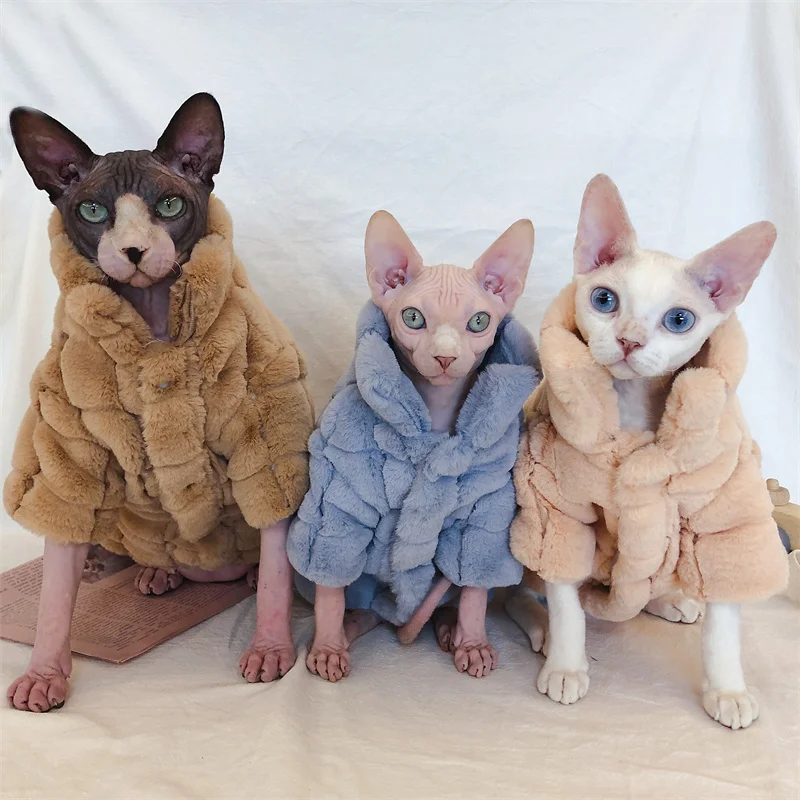 Kış sfenks Devon Rex tüysüz kedi giysileri Felvet kalınlaşmak sıcak ekose ceket Polar Polar giyim kedi kediler için sphynx